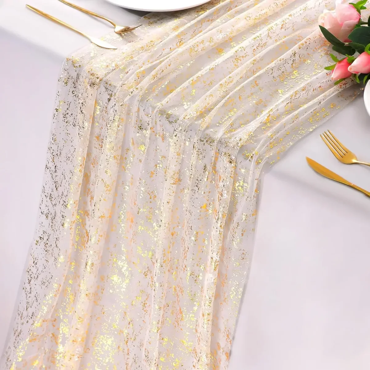Chemin de Table Mariage Transparent Doré – Image 3
