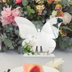 Support Papillon Argenté Numéro de Table Mariage